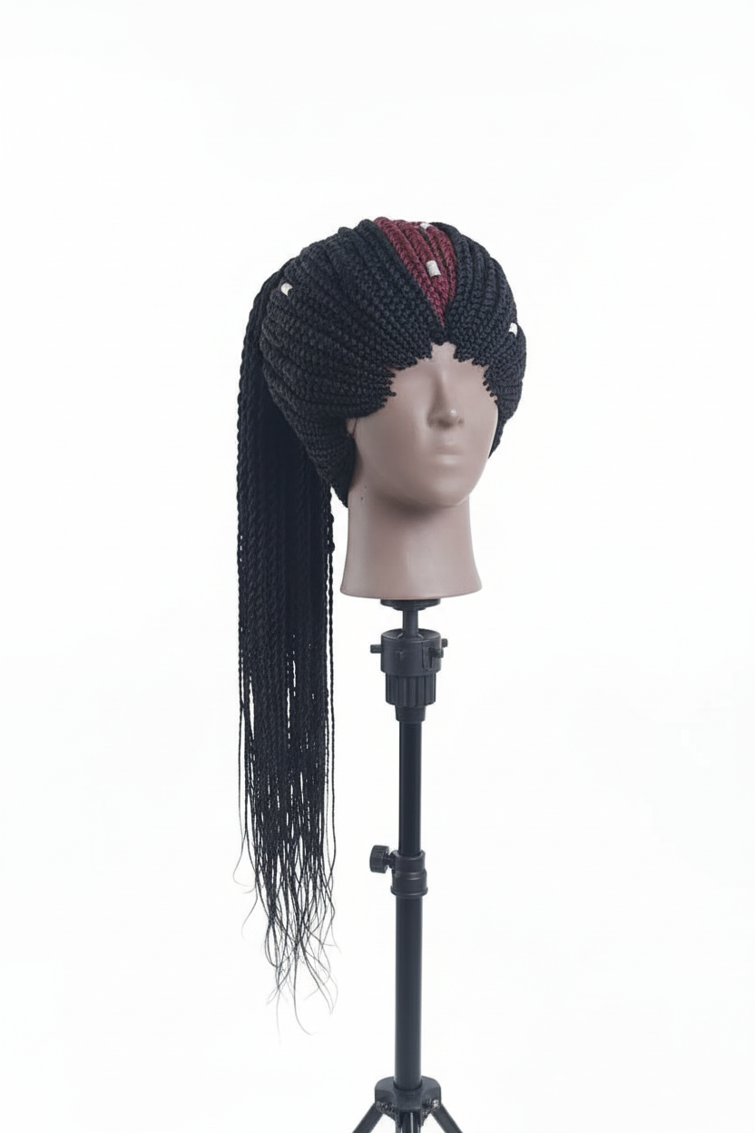 KESI – Cornrow Braided Wig Pferdeschwanz Schwarz & Bordeaux