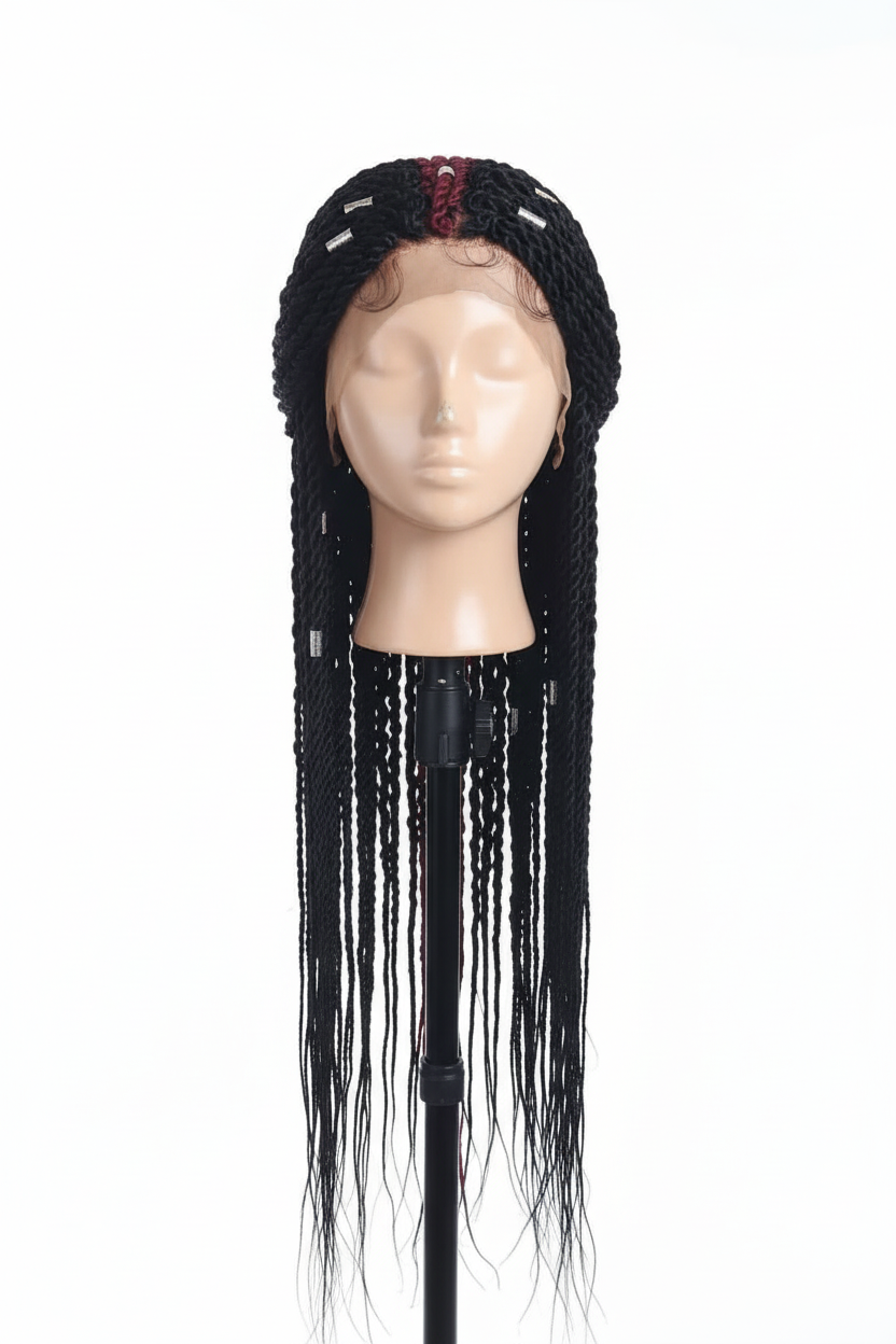 ZURI – Cornrow Braided Wig Schwarz & Bordeaux mit Accessoires